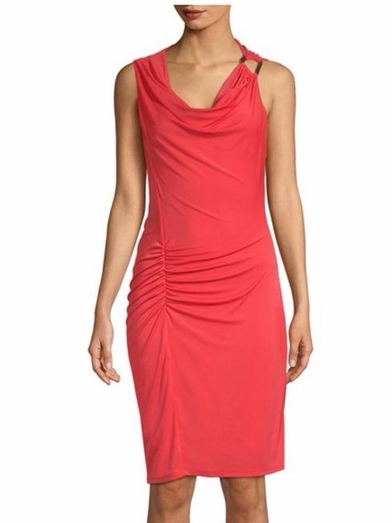 Halston Heritage Cowl Neck Ruched Dress Poppy Red Coral Size M
